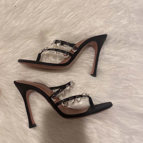 New Amina Muaddi Tina Satin Crystal Charm sandals size 37.5EU - Picture 3 of 14